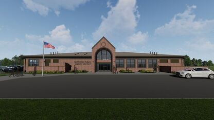 Rendering of front of proposed new library building 